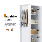 Armoire de Rangement Haute Whisen pour Salle de Bain, Meuble de Rangement sur Pied avec Crochets et Étagères Réglables