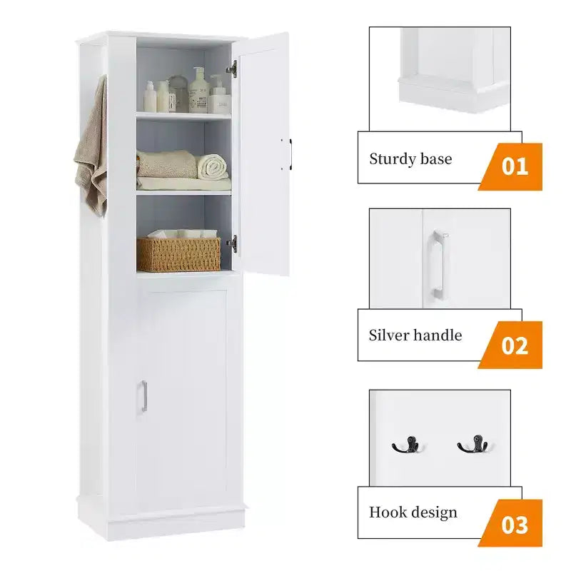 Armoire de Rangement Haute Whisen pour Salle de Bain, Meuble de Rangement sur Pied avec Crochets et Étagères Réglables