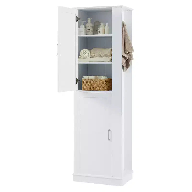Armoire de Rangement Haute Whisen pour Salle de Bain, Meuble de Rangement sur Pied avec Crochets et Étagères Réglables