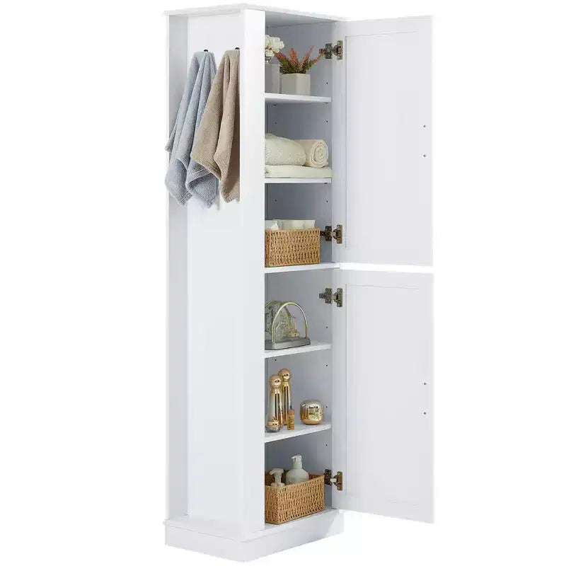 Armoire de Rangement Haute Whisen pour Salle de Bain, Meuble de Rangement sur Pied avec Crochets et Étagères Réglables