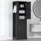 Armoire de Rangement Haute Whisen pour Salle de Bain, Meuble de Rangement sur Pied avec Crochets et Étagères Réglables