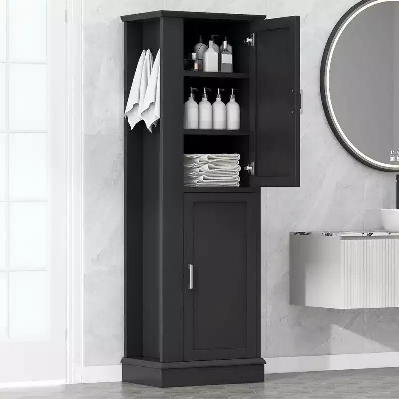 Armoire de Rangement Haute Whisen pour Salle de Bain, Meuble de Rangement sur Pied avec Crochets et Étagères Réglables