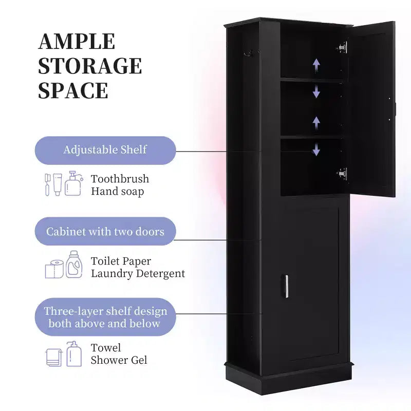 Armoire de Rangement Haute Whisen pour Salle de Bain, Meuble de Rangement sur Pied avec Crochets et Étagères Réglables