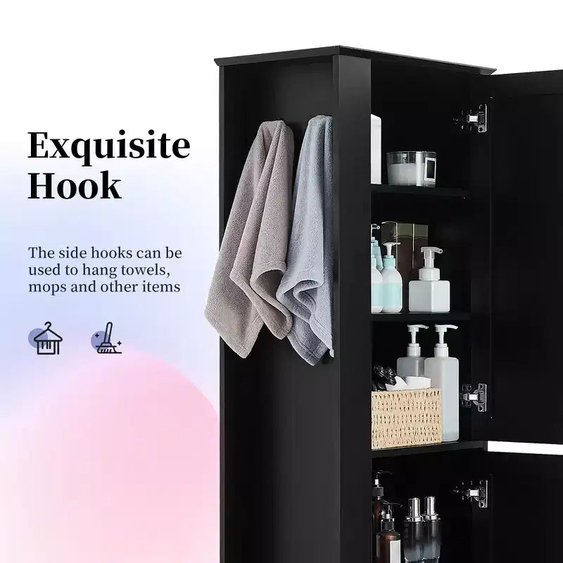 Armoire de Rangement Haute Whisen pour Salle de Bain, Meuble de Rangement sur Pied avec Crochets et Étagères Réglables