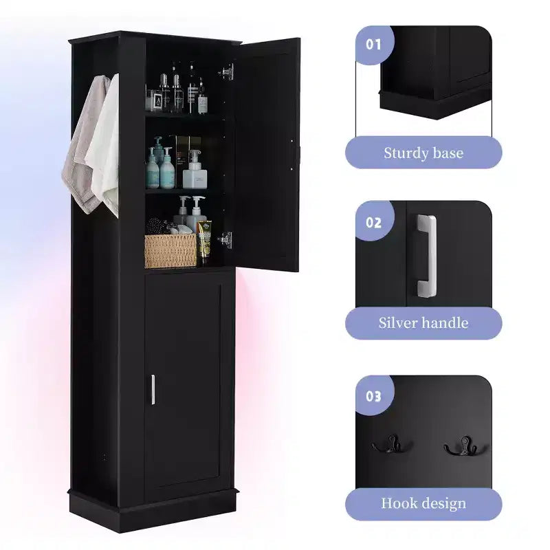 Armoire de Rangement Haute Whisen pour Salle de Bain, Meuble de Rangement sur Pied avec Crochets et Étagères Réglables