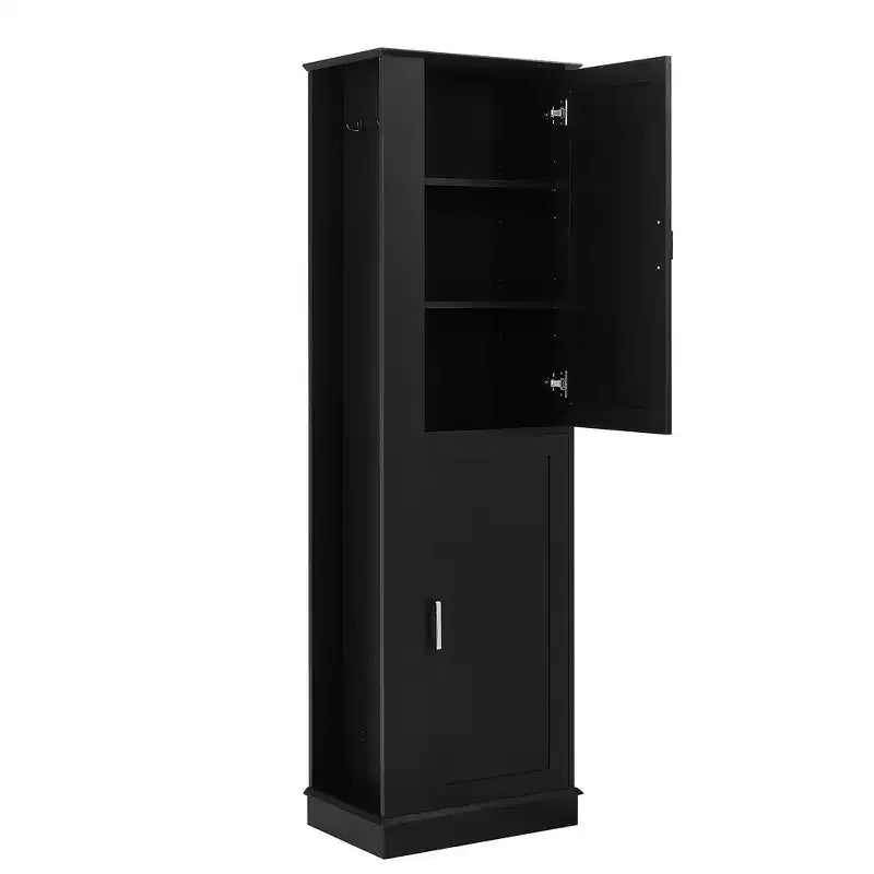 Armoire de Rangement Haute Whisen pour Salle de Bain, Meuble de Rangement sur Pied avec Crochets et Étagères Réglables