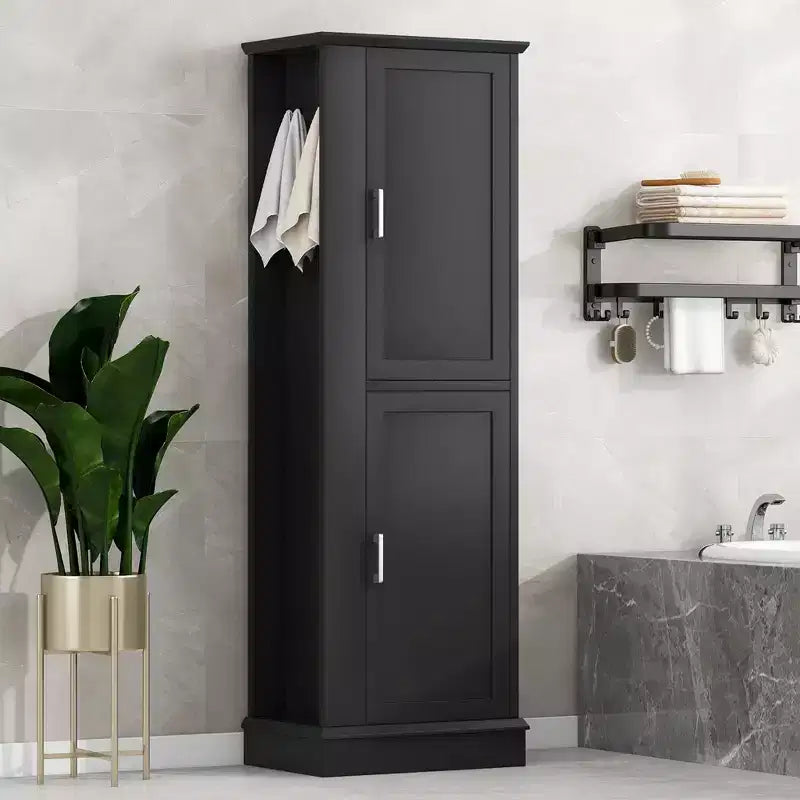 Whisen Tall Bathroom Storage Cabinet, Freestanding Storage Cabinet with Hooks and Adjustable Shelves