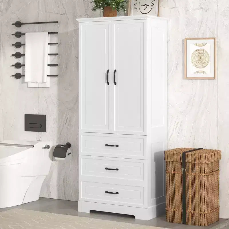 Meuble de salle de bain haut Whisen, grand meuble de rangement à double porte, tiroirs et étagère réglable