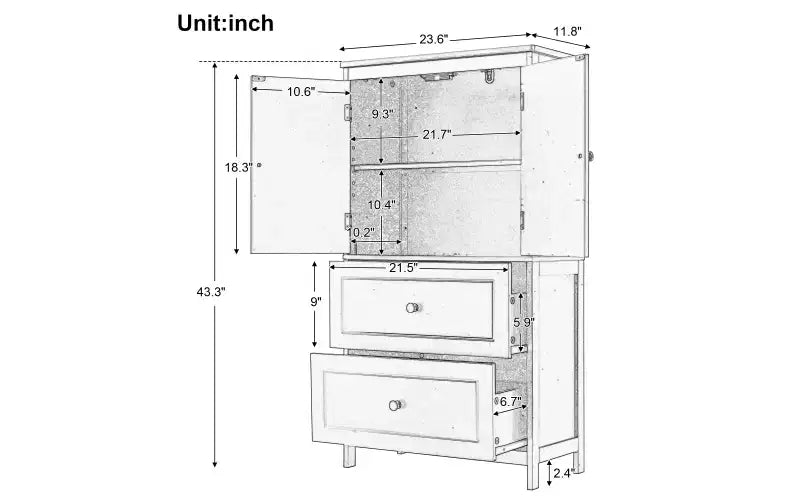 Meuble de rangement de salle de bain Whisen, meuble avec portes doubles, tiroirs et étagère réglable