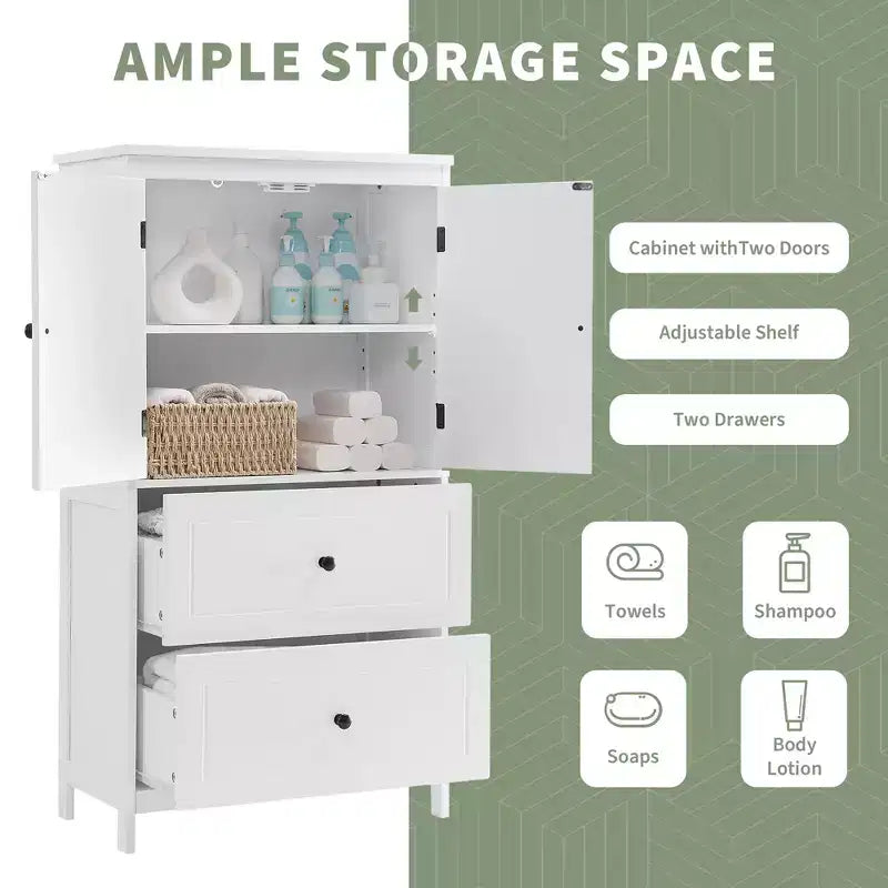 Meuble de rangement de salle de bain Whisen, meuble avec portes doubles, tiroirs et étagère réglable