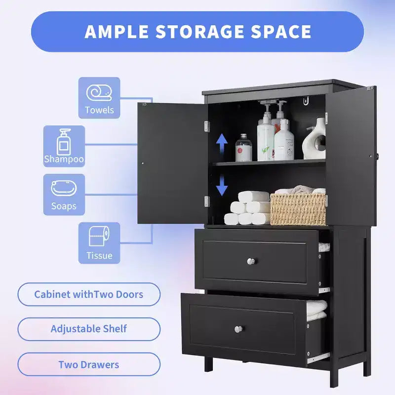 Meuble de rangement de salle de bain Whisen, meuble avec portes doubles, tiroirs et étagère réglable