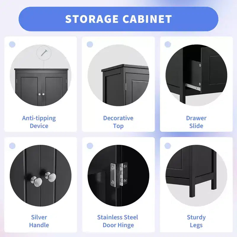 Meuble de rangement de salle de bain Whisen, meuble avec portes doubles, tiroirs et étagère réglable