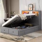 Full/Queen Size Hydraulic Platform Bed with Storage LED Headboard, Charging Station, 2 Drawers and Under-Bed Storage Space, White/Gray-ModernLuxe