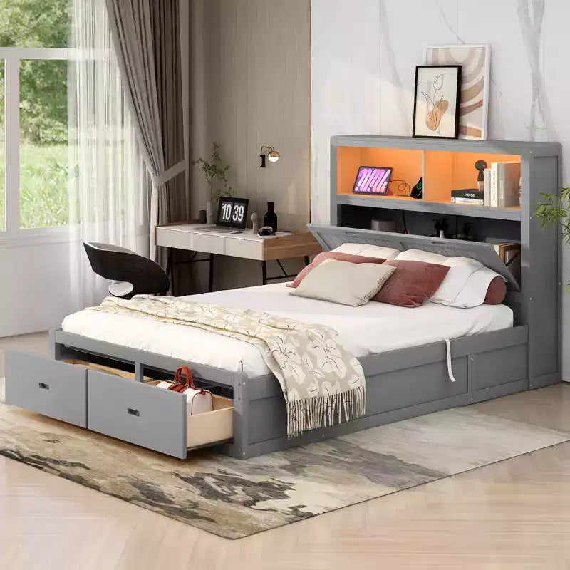 Lit plateforme hydraulique grand lit/queen avec rangement, tête de lit à LED, station de charge, 2 tiroirs et espace de rangement sous le lit, blanc/gris - ModernLuxe