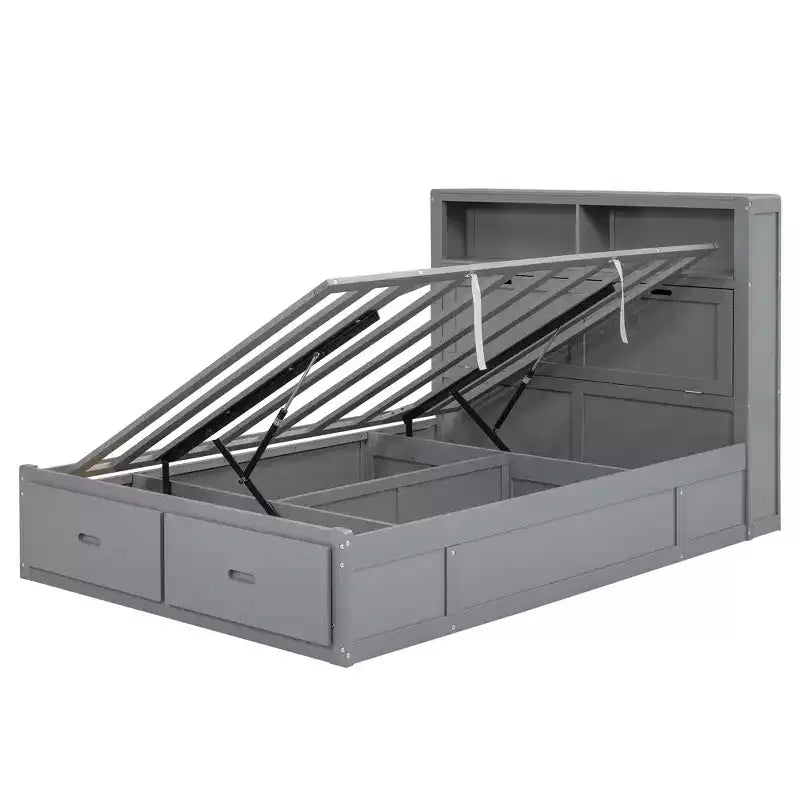 Lit plateforme hydraulique grand lit/queen avec rangement, tête de lit à LED, station de charge, 2 tiroirs et espace de rangement sous le lit, blanc/gris - ModernLuxe