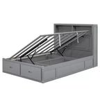 Lit plateforme hydraulique grand lit/queen avec rangement, tête de lit à LED, station de charge, 2 tiroirs et espace de rangement sous le lit, blanc/gris - ModernLuxe