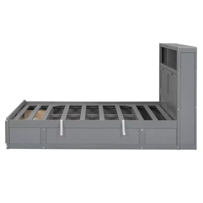Lit plateforme hydraulique grand lit/queen avec rangement, tête de lit à LED, station de charge, 2 tiroirs et espace de rangement sous le lit, blanc/gris - ModernLuxe