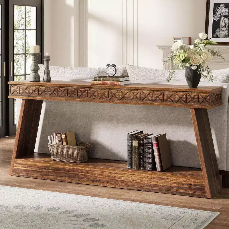 Console de style rustique Lantine à 2 niveaux, table d'entrée très longue de 180 cm avec rangement