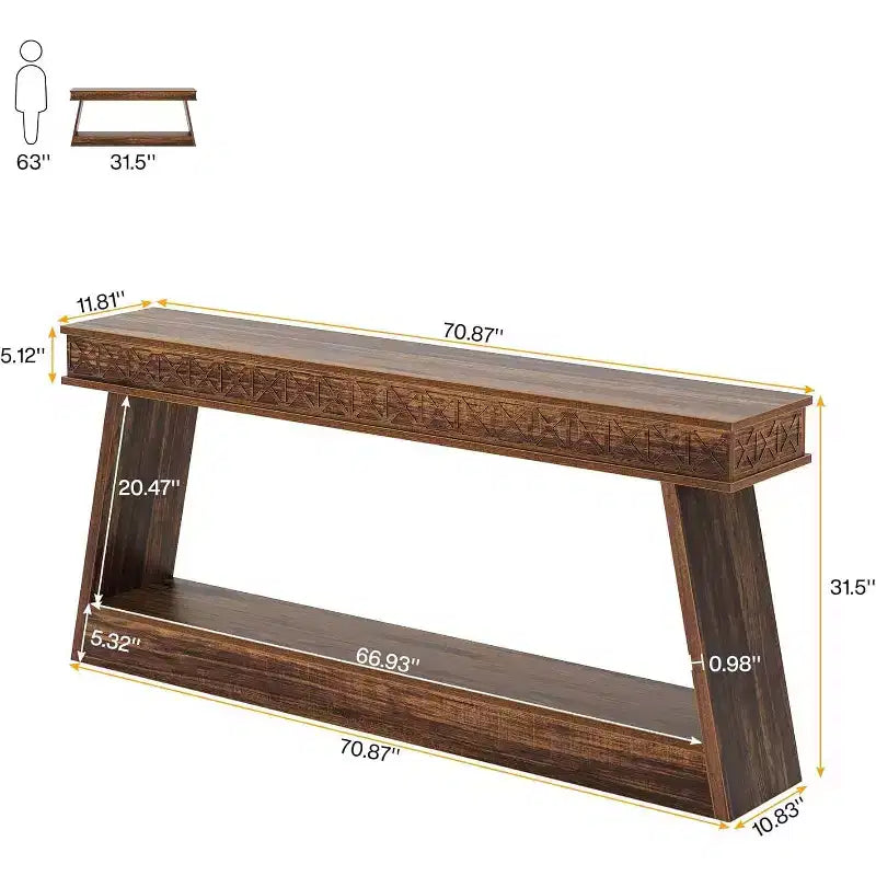 Console de style rustique Lantine à 2 niveaux, table d'entrée très longue de 180 cm avec rangement
