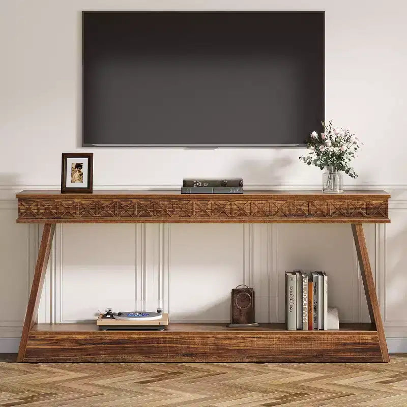 Console de style rustique Lantine à 2 niveaux, table d'entrée très longue de 180 cm avec rangement