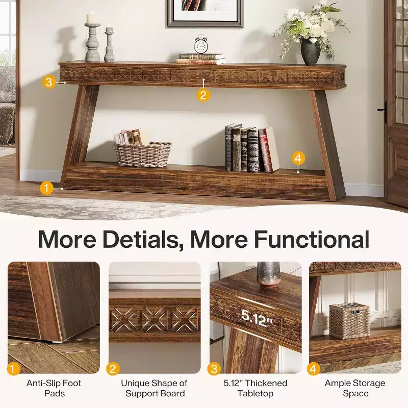 Console de style rustique Lantine à 2 niveaux, table d'entrée très longue de 180 cm avec rangement