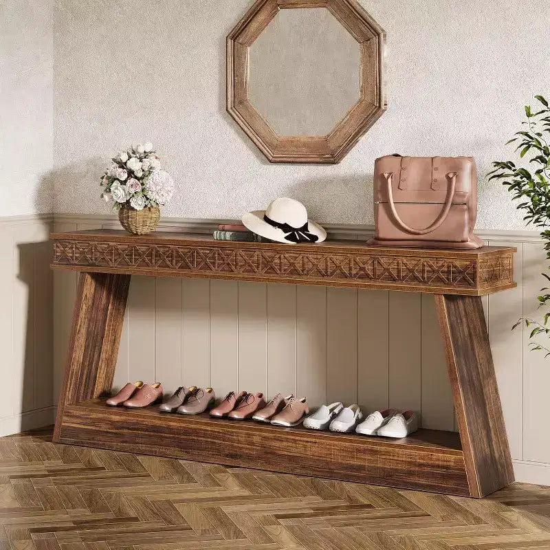 Console de style rustique Lantine à 2 niveaux, table d'entrée très longue de 180 cm avec rangement
