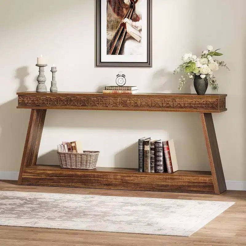 Console de style rustique Lantine à 2 niveaux, table d'entrée très longue de 180 cm avec rangement