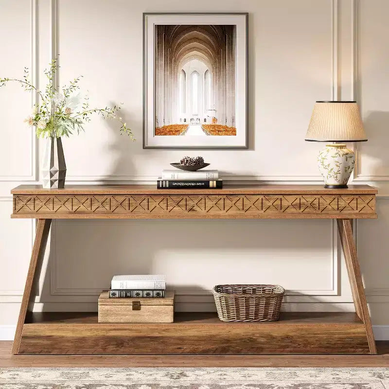 Console de style rustique Lantine à 2 niveaux, table d'entrée très longue de 180 cm avec rangement