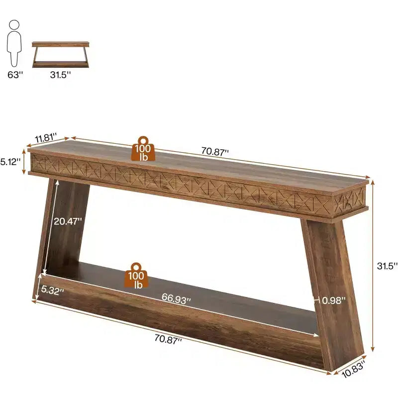 Console de style rustique Lantine à 2 niveaux, table d'entrée très longue de 180 cm avec rangement