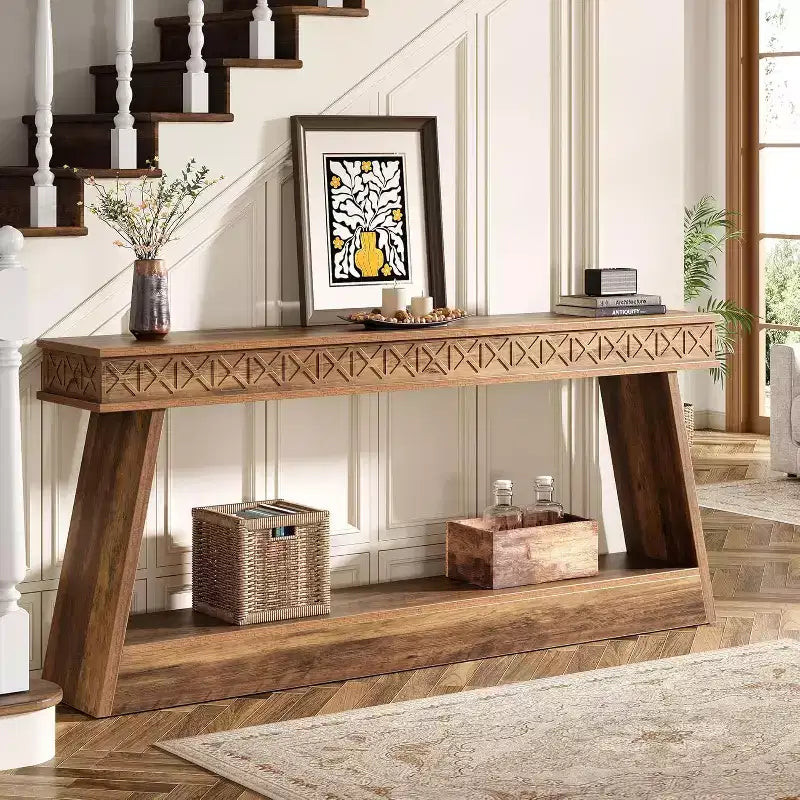 Console de style rustique Lantine à 2 niveaux, table d'entrée très longue de 180 cm avec rangement