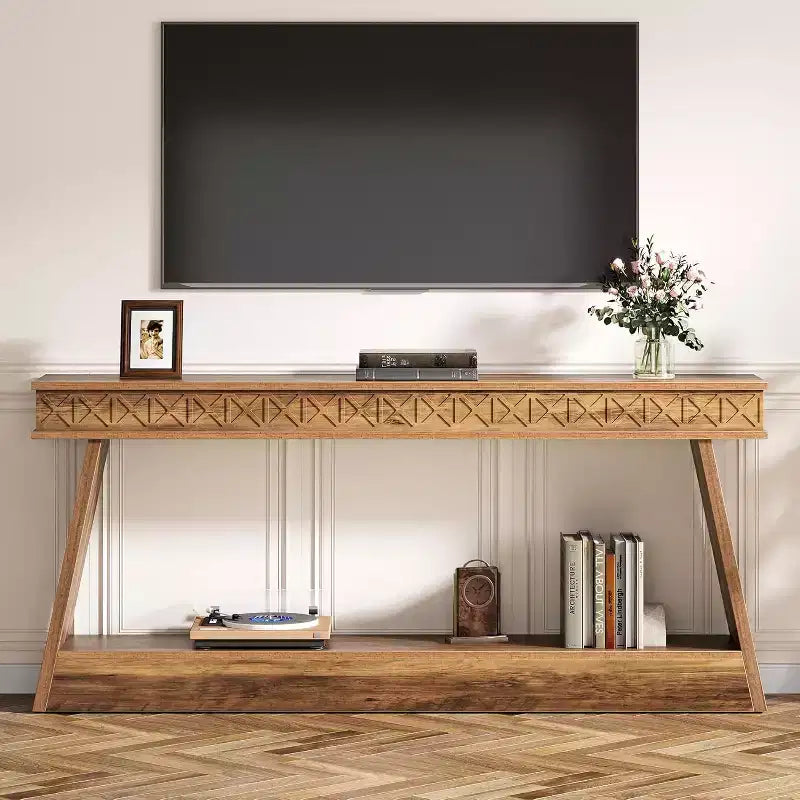 Console de style rustique Lantine à 2 niveaux, table d'entrée très longue de 180 cm avec rangement