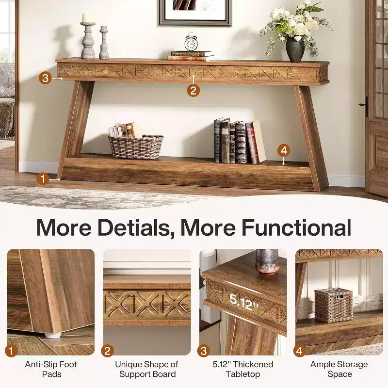 Console de style rustique Lantine à 2 niveaux, table d'entrée très longue de 180 cm avec rangement