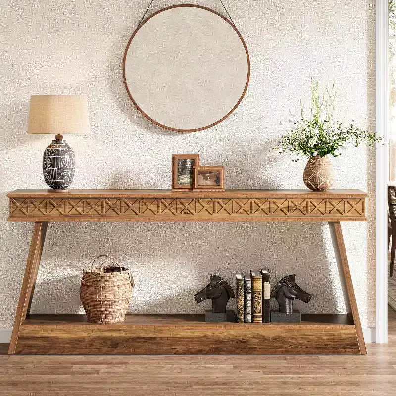 Console de style rustique Lantine à 2 niveaux, table d'entrée très longue de 180 cm avec rangement