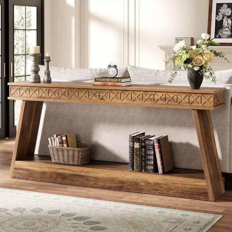 Console de style rustique Lantine à 2 niveaux, table d'entrée très longue de 180 cm avec rangement