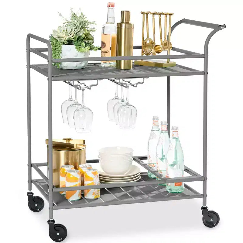 Chariot de bar roulant à 2 niveaux Best Choice Products, intérieur/extérieur avec étagères de rangement, casier à vin, roulettes verrouillables