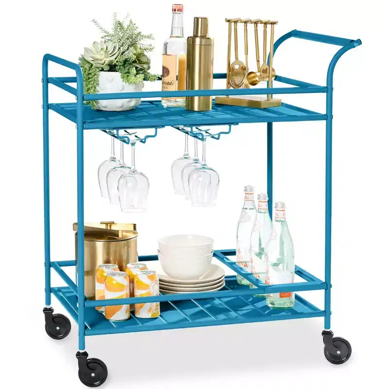 Chariot de bar roulant à 2 niveaux Best Choice Products, intérieur/extérieur avec étagères de rangement, casier à vin, roulettes verrouillables