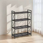Étagère de rangement en métal à 4 niveaux noir encre LEDREM avec cadres latéraux en X et maille dense, dimensions 32 x 80 x 112,5 cm. Étagère de style industriel idéale