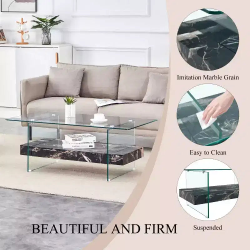 Table basse à deux niveaux - Design moderne, 110 cm, verre transparent et marbre noir