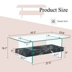 Table basse à deux niveaux - Design moderne, 110 cm, verre transparent et marbre noir