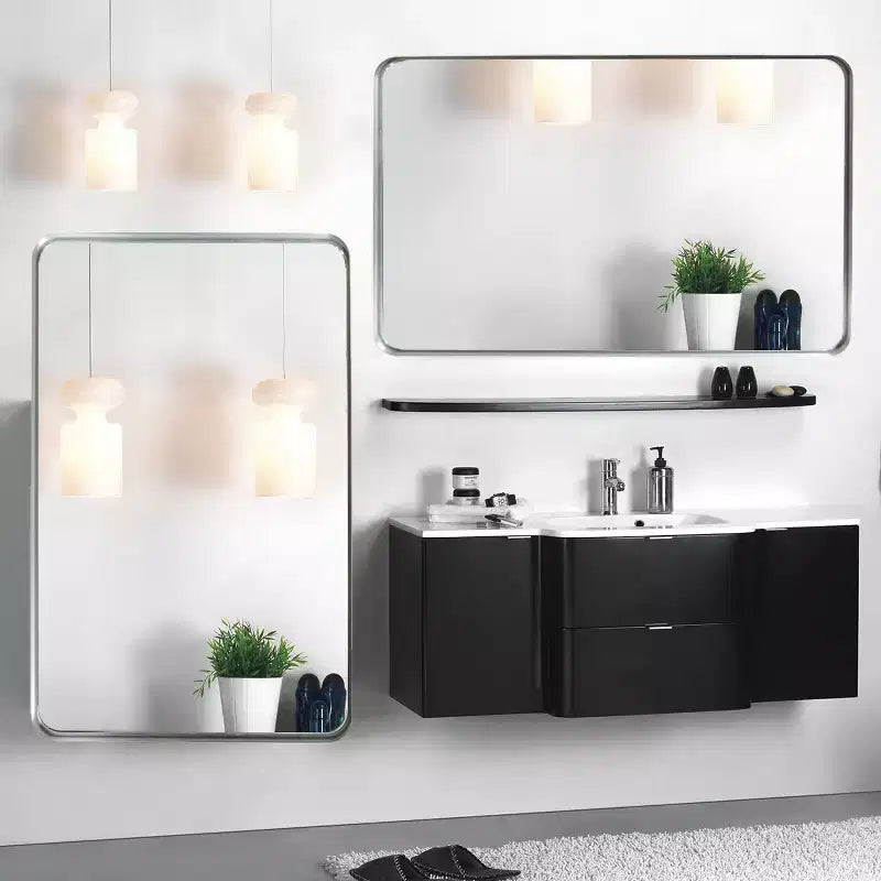 Miroir rectangulaire brossé argenté 40x30 : Coins arrondis, Cadre métallique, Fixation murale, Miroir de courtoisie