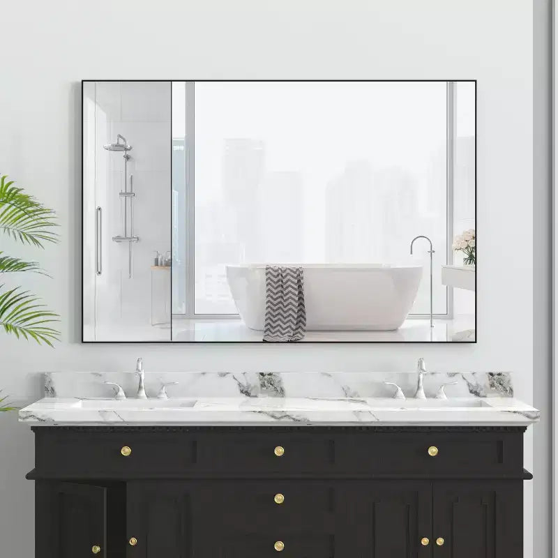 Miroir de salle de bain moderne 48x32 à cadre noir : surdimensionné, en aluminium, mural, vertical/horizontal