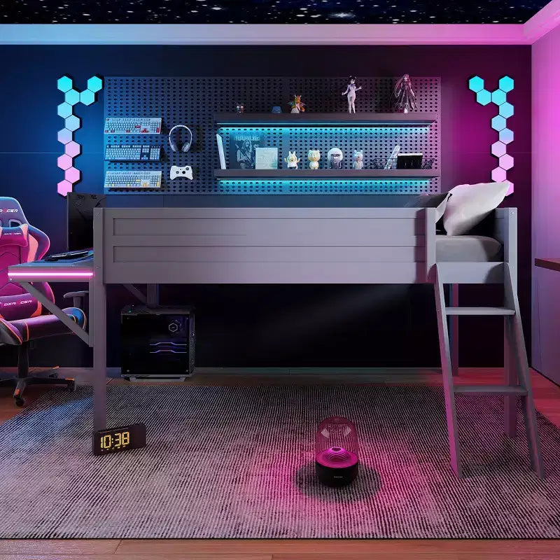 Lit mezzanine gaming double/complet, cadre en bois avec bureau et LED, gris - ModernLuxe