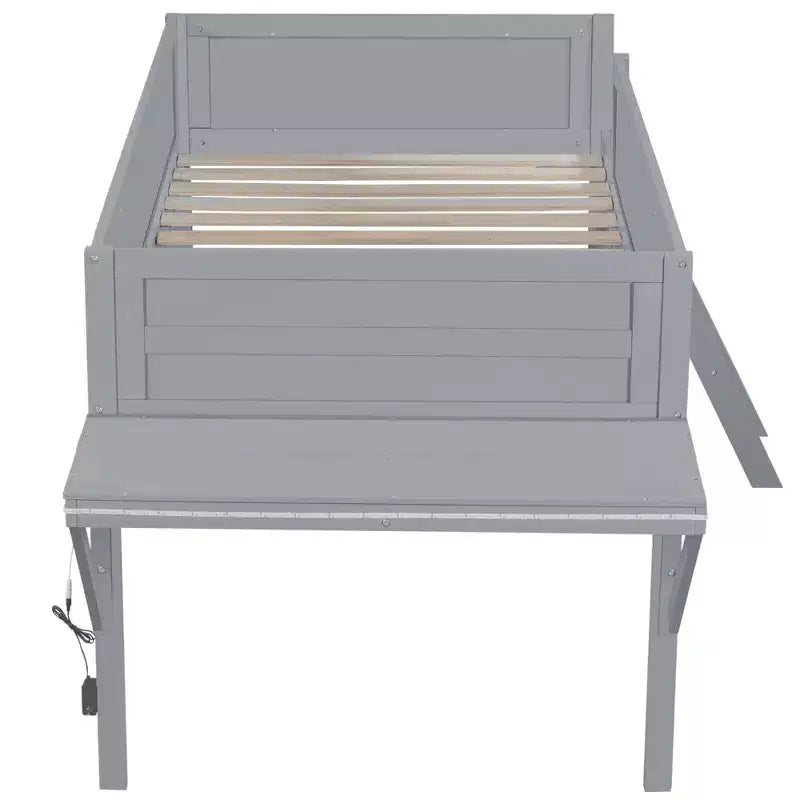 Lit mezzanine gaming double/complet, cadre en bois avec bureau et LED, gris - ModernLuxe