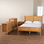 Ensemble de chambre à coucher 4 pièces Japandi Baxton Studio Jenn en bois brun doré avec rotin à finition vieillie, taille Queen