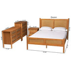 Ensemble de chambre à coucher 4 pièces Japandi Baxton Studio Jenn en bois brun doré avec rotin à finition vieillie, taille Queen