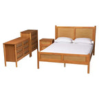 Ensemble de chambre à coucher 4 pièces Japandi Baxton Studio Jenn en bois brun doré avec rotin à finition vieillie, taille Queen