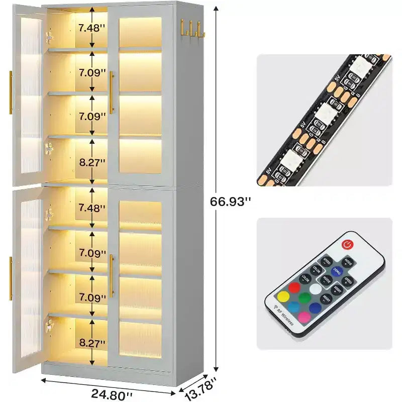 Bibliothèque Lantine avec portes et lumière LED, étagère haute de 170 cm avec 8 niveaux réglables et crochets de suspension