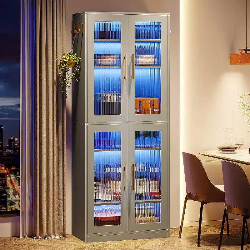 Bibliothèque Lantine avec portes et lumière LED, étagère haute de 170 cm avec 8 niveaux réglables et crochets de suspension
