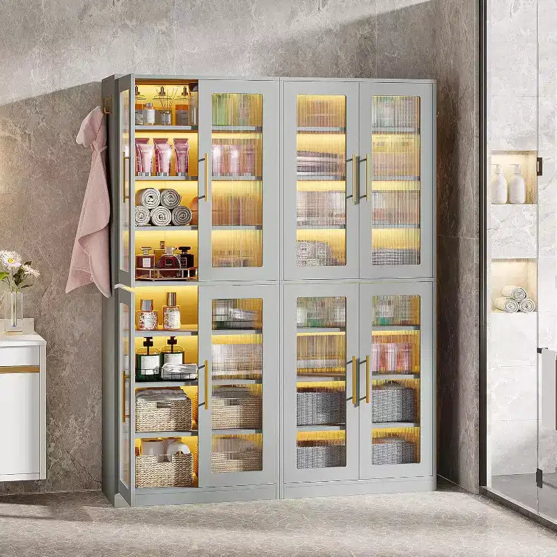 Bibliothèque Lantine avec portes et lumière LED, étagère haute de 170 cm avec 8 niveaux réglables et crochets de suspension
