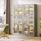 Bibliothèque Lantine avec portes et lumière LED, étagère haute de 170 cm avec 8 niveaux réglables et crochets de suspension